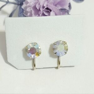 Vintage Aurora Borealis Crystal Gold Plated Screw Back Earrings 1950s Art Deco